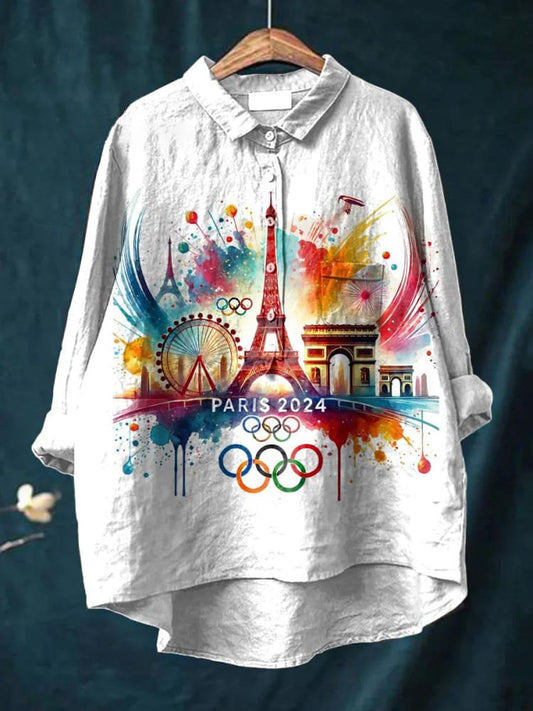 2024 Olympics Graphic Printed Women's Casual Cotton And Linen Shirt