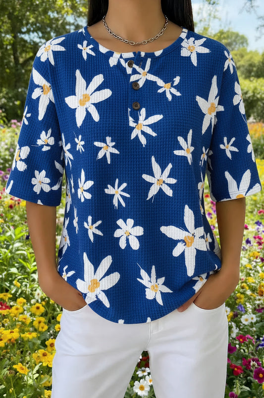 Womens Navy White Daisy Print Casual Waffle Cotton Shirt