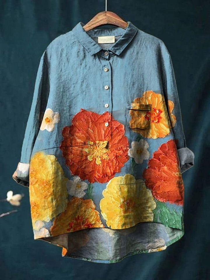 Women's Retro Floral Print Casual Cotton And Linen Shirt