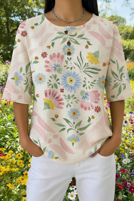 Womens Soft Beige Botanical Floral Print Casual Waffle Cotton Shirt