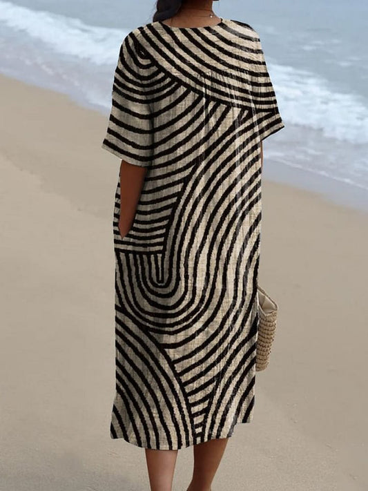 Women's Geometric Hand Drawn Circle Line Pattern Print Flowy Dress