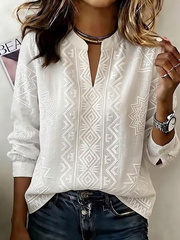 Women Ethnic Geometry Casual Blouse V Neck Long Sleeve Printing Top