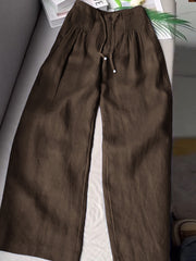 Women's Solid Color Pleated Drawstring Casual100% Cotton and Linen Wide Leg Pants