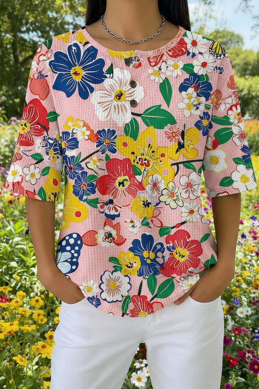 Womens Colorful Garden Floral Print Casual Waffle Cotton Shirt