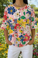 Womens Colorful Garden Floral Print Casual Waffle Cotton Shirt