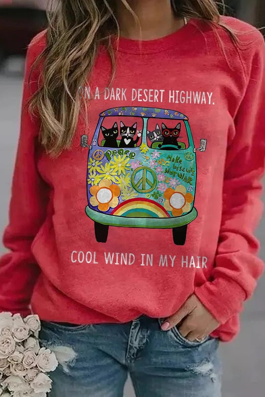 Letter Cartoon Cat Bus Print Long Sleeves Sweatshirt