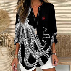 Dashingsoul Japanese Art Octopus And Crab Print V Neck Long Sleeve Blouse