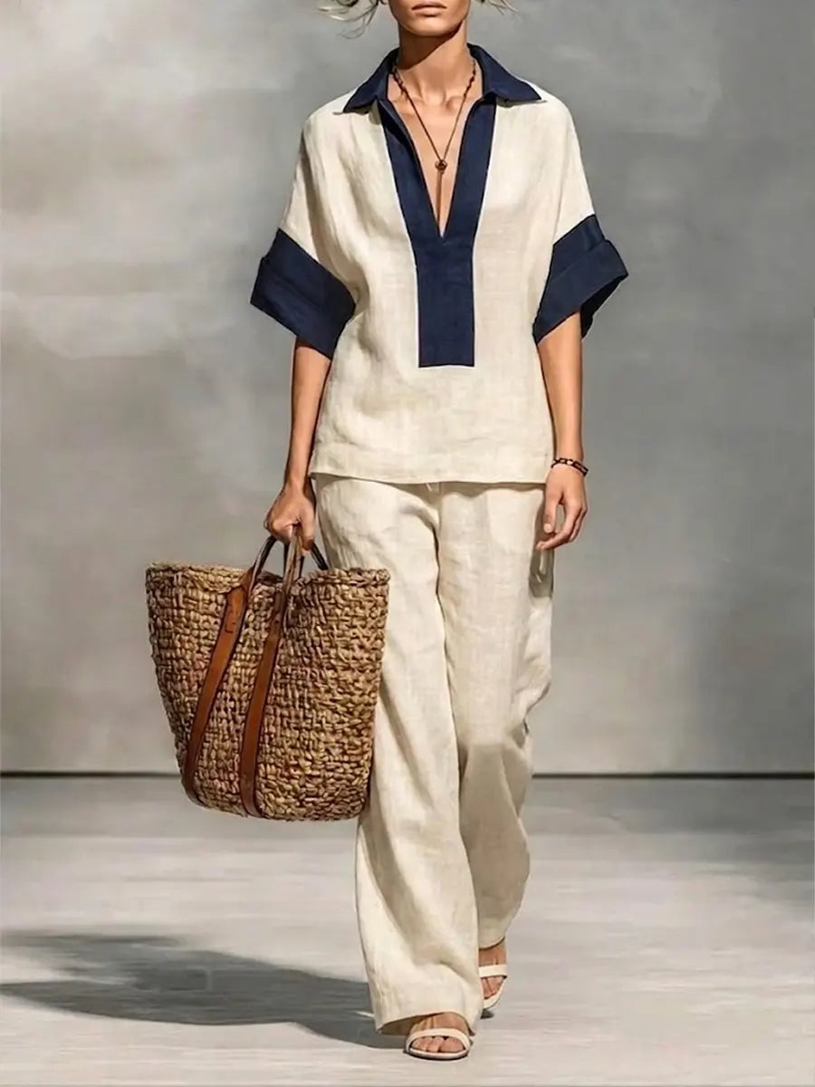 Women's Color-block Cotton And Linen Set