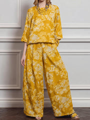 Women's Loose-fit Cotton-linen Top & High-waisted Wide-leg Pants Set