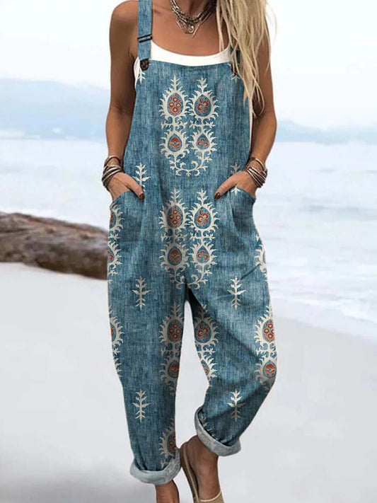 Women's Vintage Floral Pattern Art Print Casual Cotton Wide Leg Jumpsuit