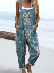 Women's Vintage Floral Pattern Art Print Casual Cotton Wide Leg Jumpsuit