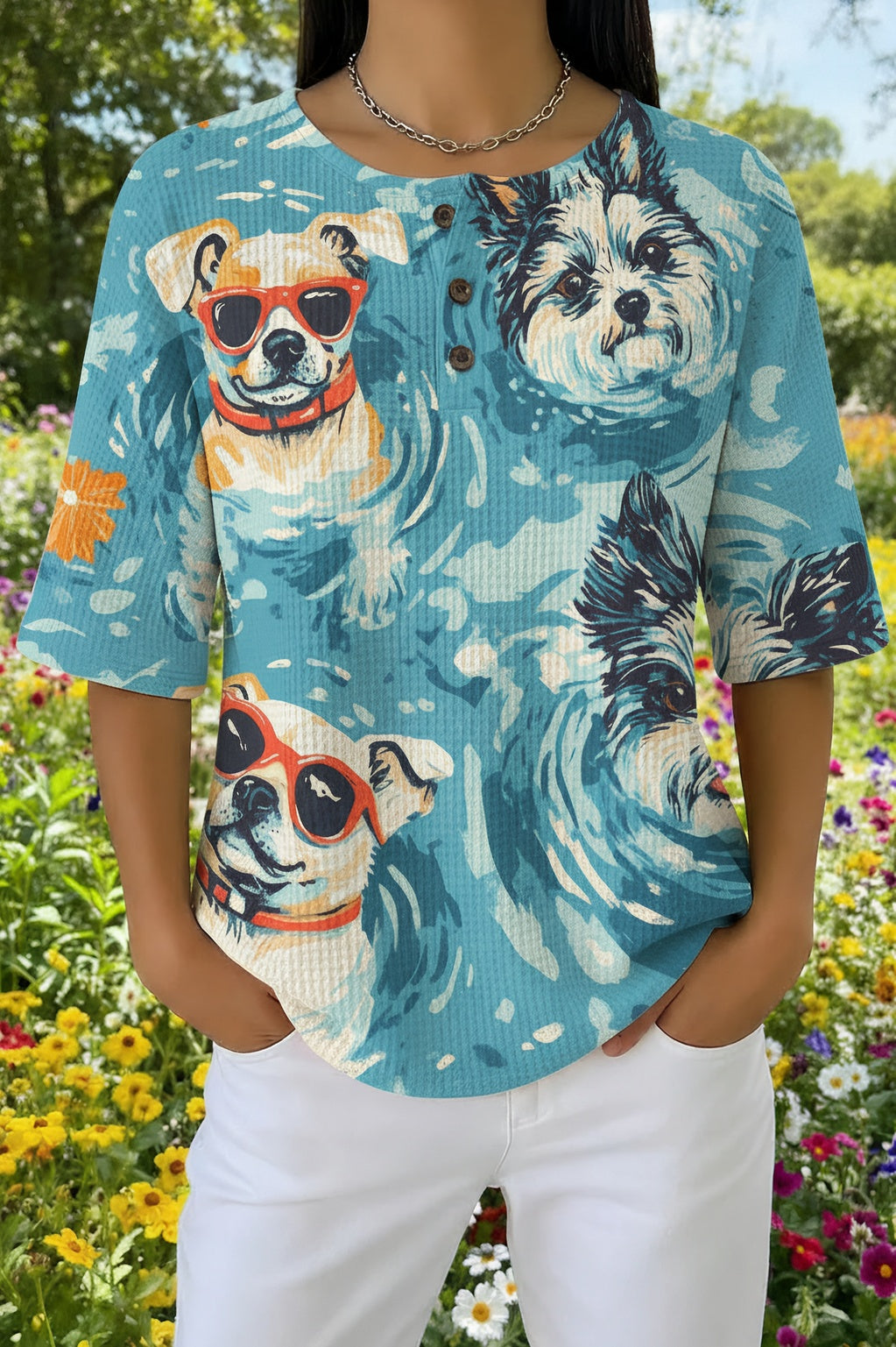 Womens Blue Multi Dog Print Casual Waffle Cotton Shirt