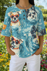 Womens Blue Multi Dog Print Casual Waffle Cotton Shirt