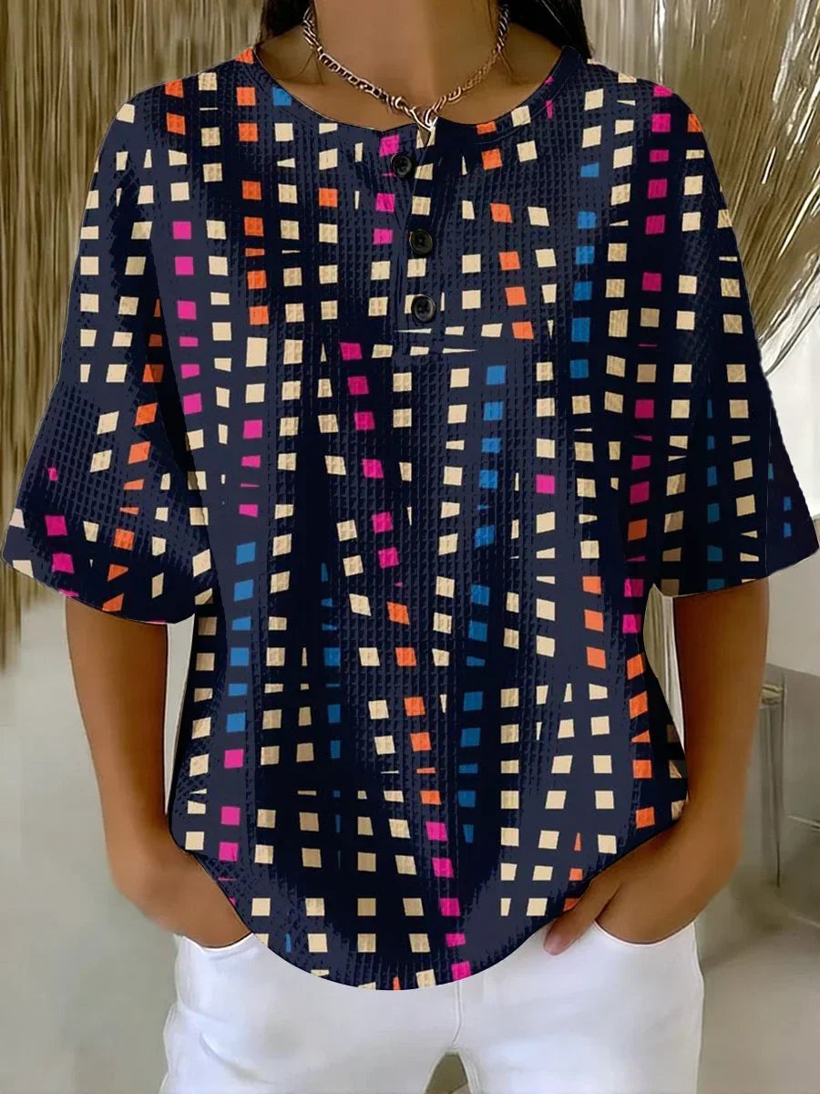 Women's Geometry Art Print Casual Waffle Cotton Shirt RM609