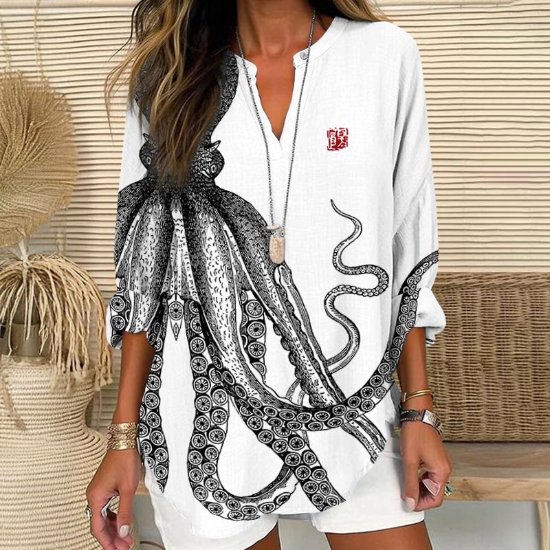 Dashingsoul Japanese Art Octopus And Crab Print V Neck Long Sleeve Blouse