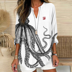Dashingsoul Japanese Art Octopus And Crab Print V Neck Long Sleeve Blouse