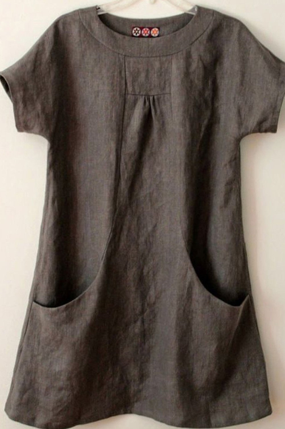 Plain Pockets Round Neck Short Sleeves Blouse