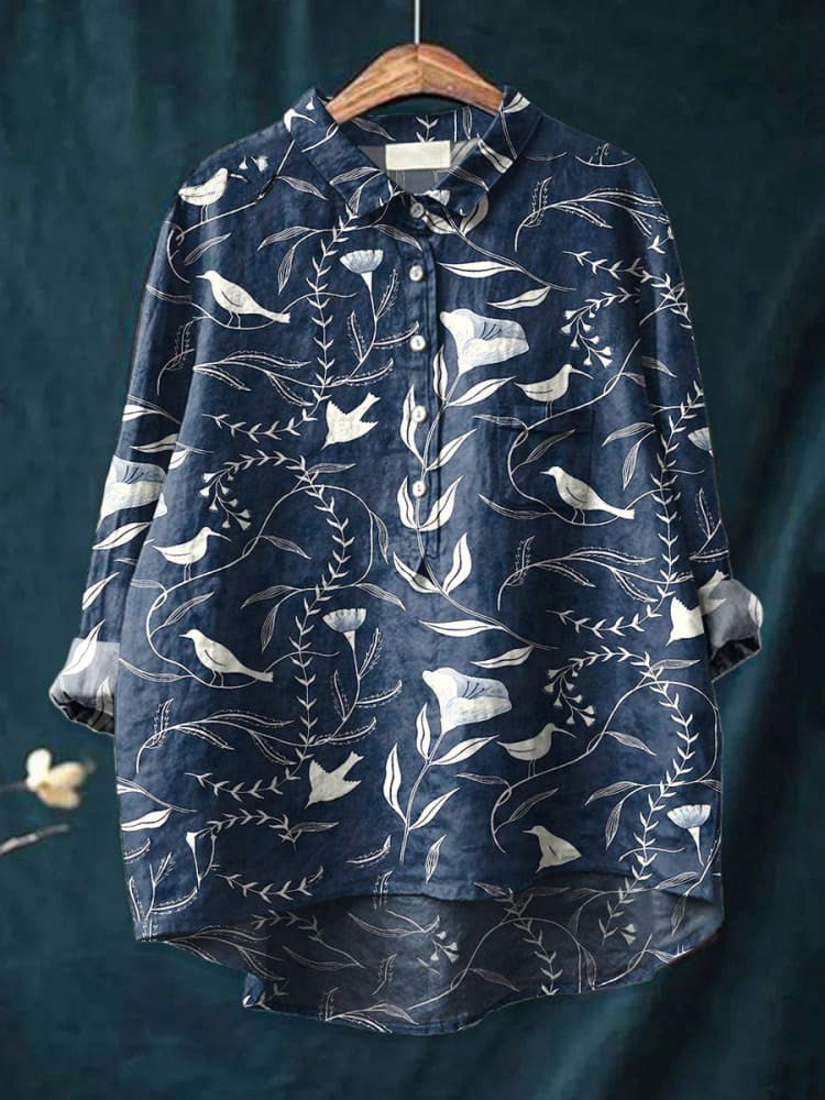 Women's  Retro Flower Art Print Casual Cotton And Linen Shirt