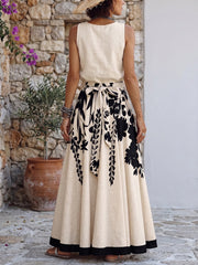 Womens Artistic Floral Leaf Print Cotton Linen Top And Skirt Set