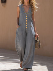 Women's V-neck Sleeveless Casual Loose-fit Cotton-linen Wide-leg Jumpsuit