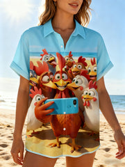 Women's Moisture-wicking Fun Selfie Beach Chicken Chest Pocket Holiday Shirt