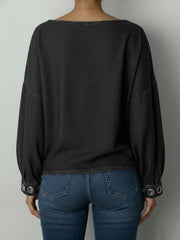 Women's Round Neck Metal Eyelet Cutout Design Casual Loose Long-sleeved Denim Top.