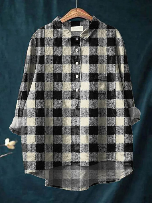 Vintage Plaid Pattern Art Print Casual Cotton And Linen Shirt