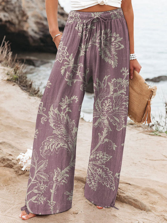 Women's  Vintage Flowers Art  Printed Cotton And Linen Casual Pants