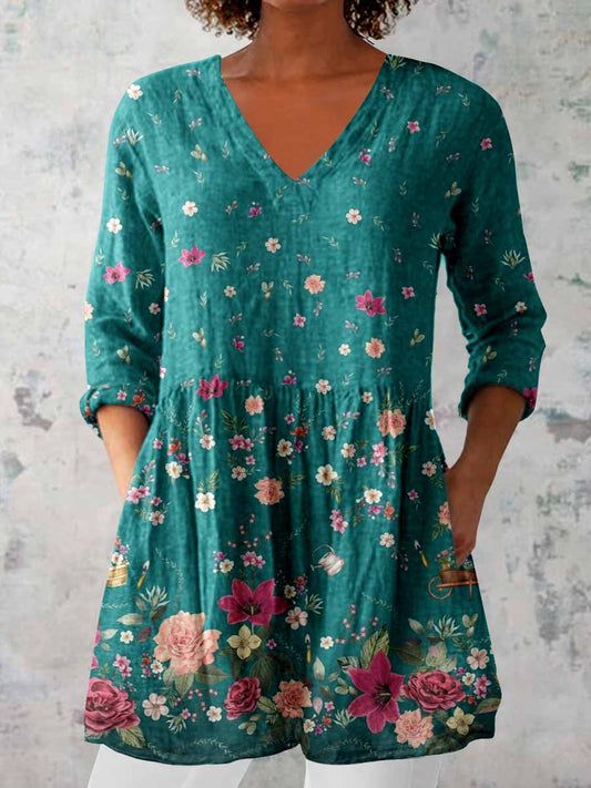 Women's Elegant Floral V Neck Top
