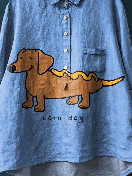 Vintage Lovely Corn Dog Art Print Casual Cotton And Linen Shirt