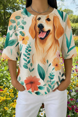 Womens Green Leaf Golden Retriever Print Casual Waffle Cotton Shirt