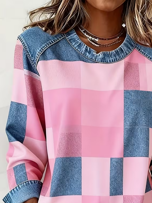 Women Plaid Crew Neck Long Sleeve Vintage Daily Fall Sweatshirt