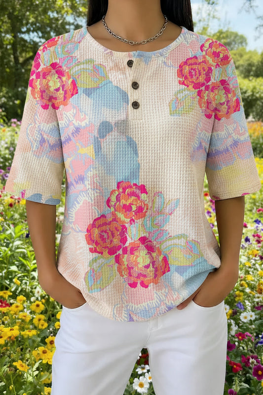 Womens Soft Gradient Rose Floral Print Casual Waffle Cotton Shirt