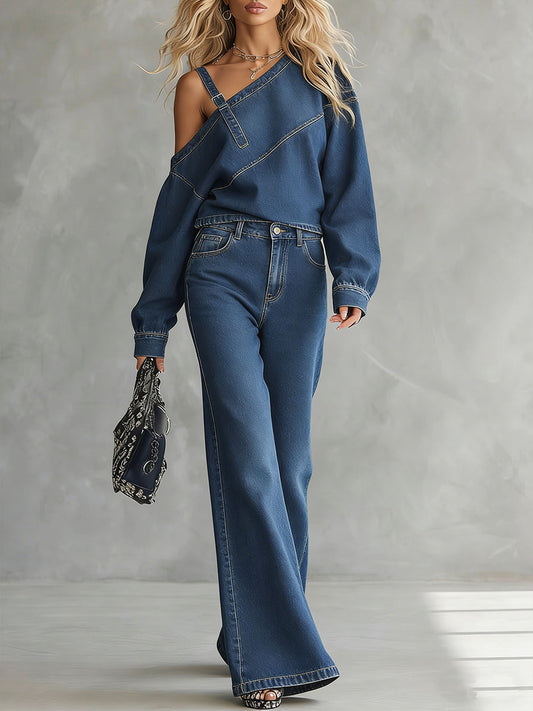 Women's Off-the-shoulder Long-sleeved Casual Loose Top And High-waisted Wide-leg Denim Pants Set.