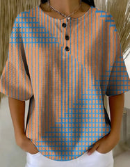 Women's Retro Multicolor Gradient Patchwork Abstraction Patterns Art Print Casual Waffle Cotton Shirt
