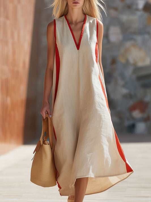 Women's V-neck Sleeveless Casual Loose Cotton-linen Dress