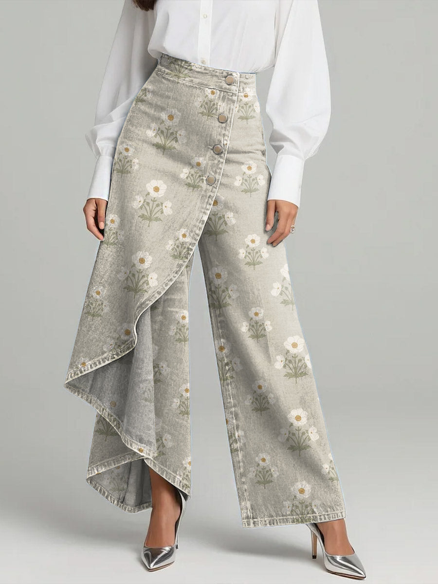 Women's Vintage Flower Patterns Print High-waisted Relaxed Fit Wide-leg Jeans With A Stylish Design