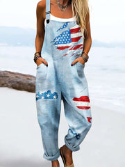 Women's Vintage Independence Day Flag Print Casual Cotton Wide Leg Jumpsuit