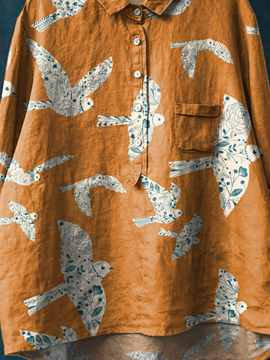 Vintage Lovely Birds Art Print Casual Cotton And Linen Shirt