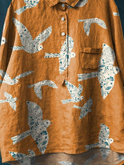 Vintage Lovely Birds Art Print Casual Cotton And Linen Shirt
