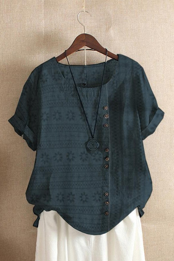 Geometric Print Buttons Round Neck Short Sleeves T-shirt