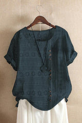 Geometric Print Buttons Round Neck Short Sleeves T-shirt