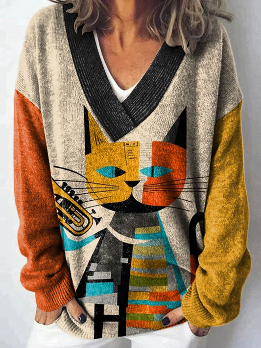 Vintage Contrast Color Music Cat Art Print Knit V-neck Pullover Sweater