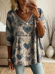 Ethnicity Bohemia Love Women's Vintage Art Print Casual V Neck Cutout Top