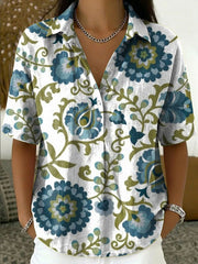 Women's Vintage Botanical Floral Casual Polo Collar Short-sleeved Linen And Cotton Shirt