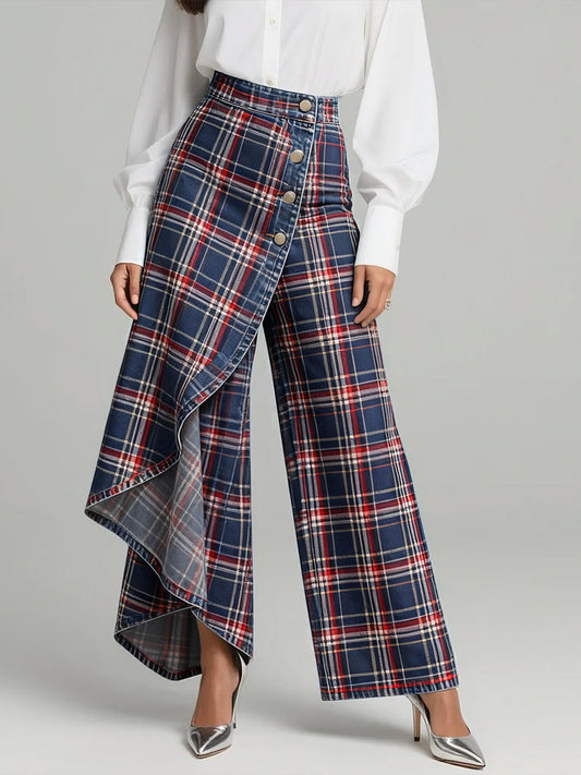 Women's Vintage Plaid Patterns Print High-waisted Relaxed Fit Wide-leg Jeans With A Stylish Design