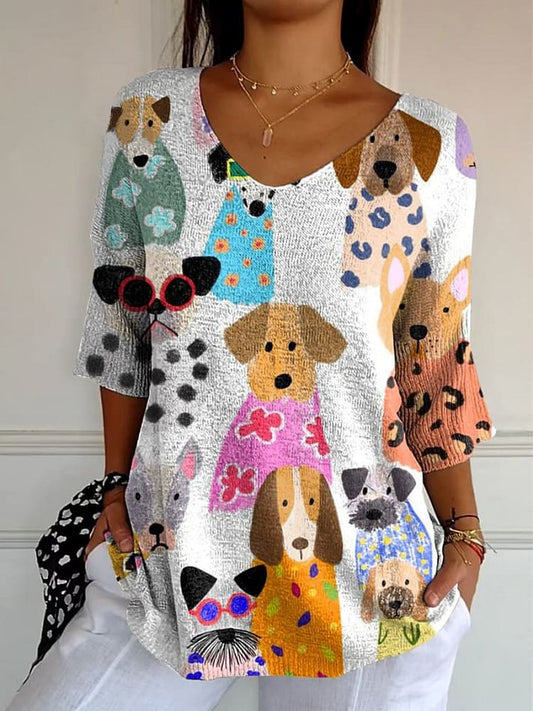 Women's Colorful Cartoon Puppy Print Casual Pullover Knit