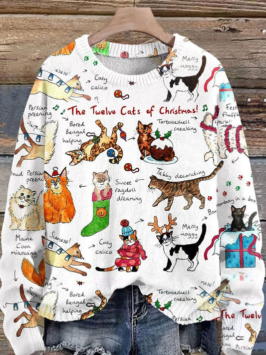 The Twelve Cats Of Christmas  Funny Cat Christmas Print Knit Pullover Sweater