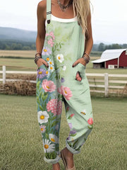 Women's Lovely Floral Butterfly Pattern Art Print Casual  Wide Leg Jumpsuit