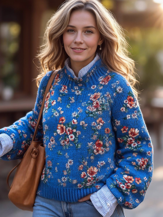 Women's Vintage Lovely Floral Art Print Knit Turtleneck Pullover Sweater